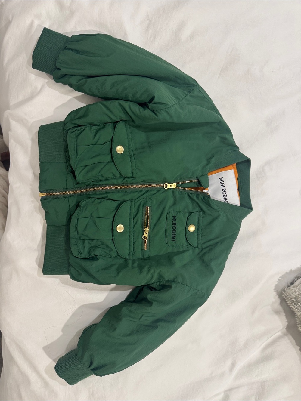 Mini Rodini Green Kids Puffer Bomber Jacket with Gold Hardware